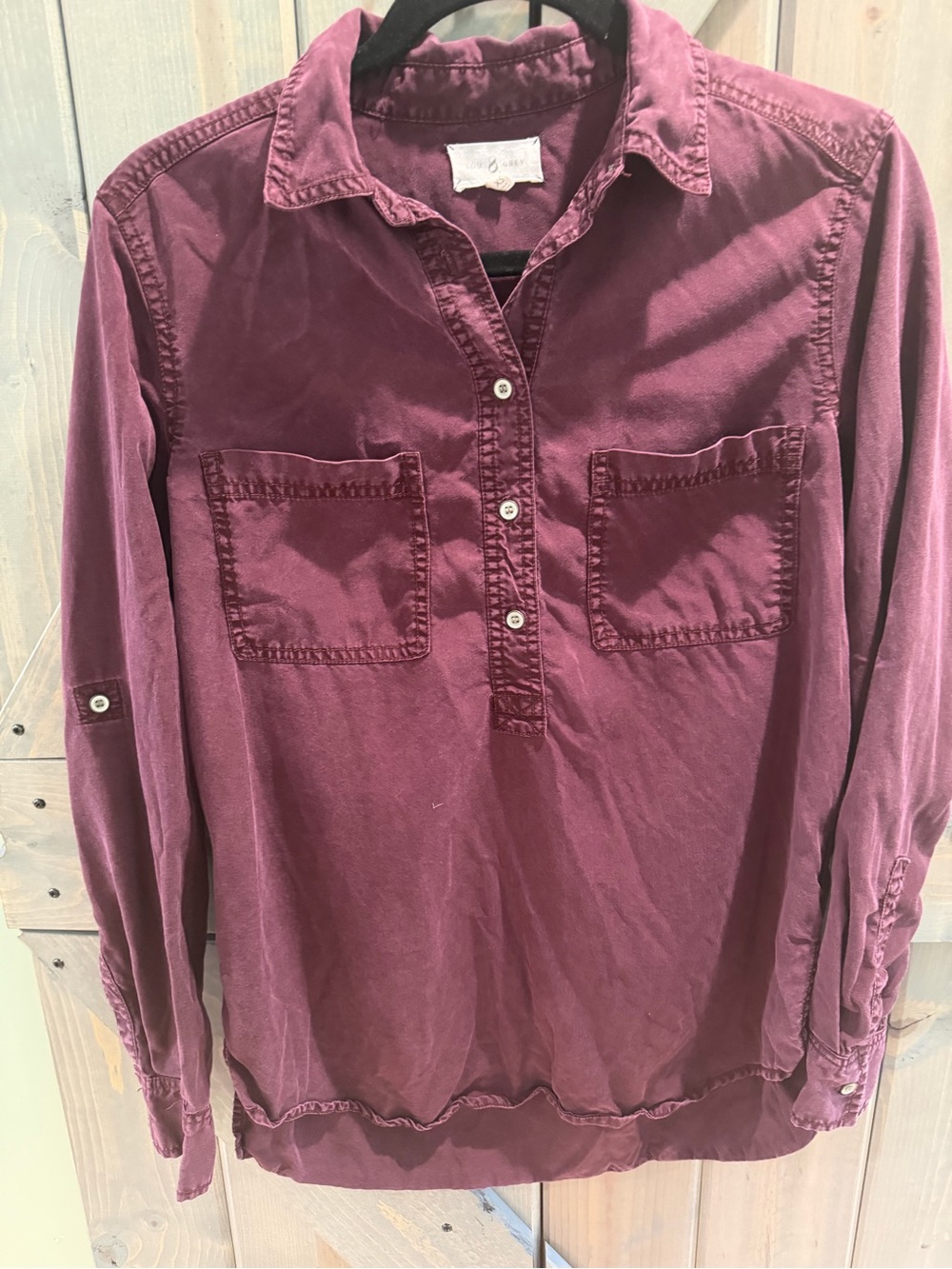 Lou & Grey XS 100% Lyocell Popover Blouse Burgundy Long Sleeve Utility Top